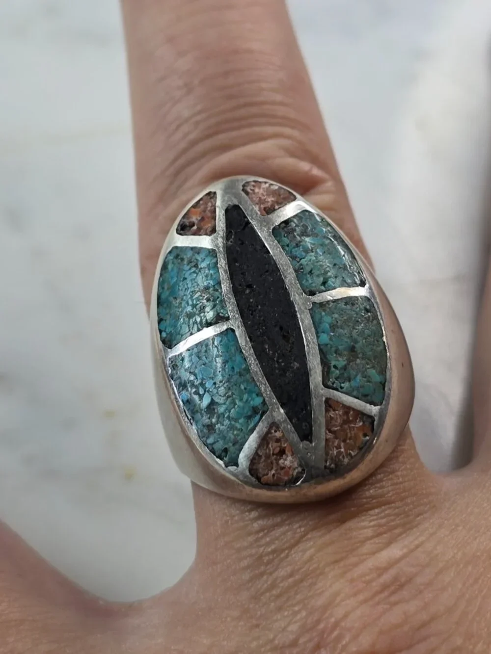 Mens Vintage Sterling Silver Southwestern Turquoise Coral Ring 30.7g E5555